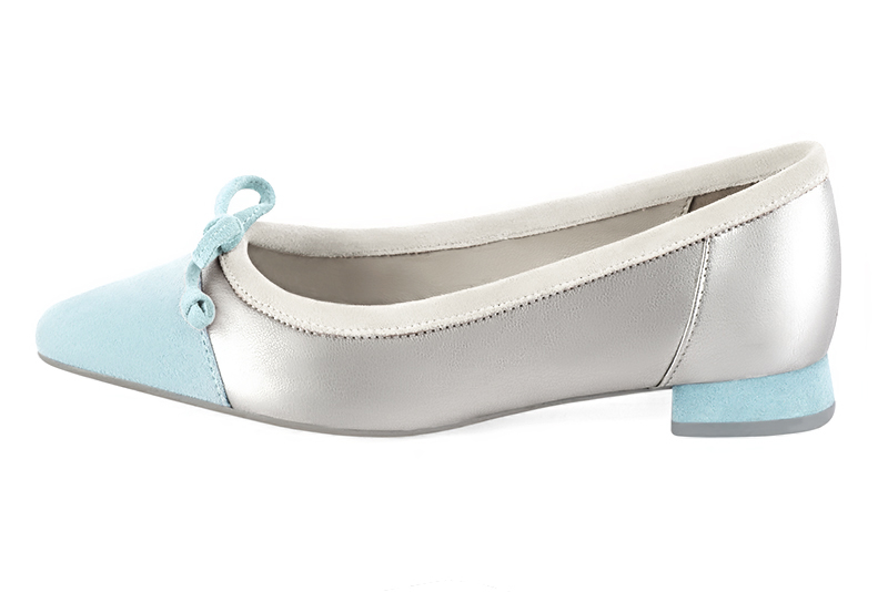 Aquamarine blue, light silver and off white women's ballet pumps, with low heels. Square toe. Flat flare heels. Profile view - Florence KOOIJMAN